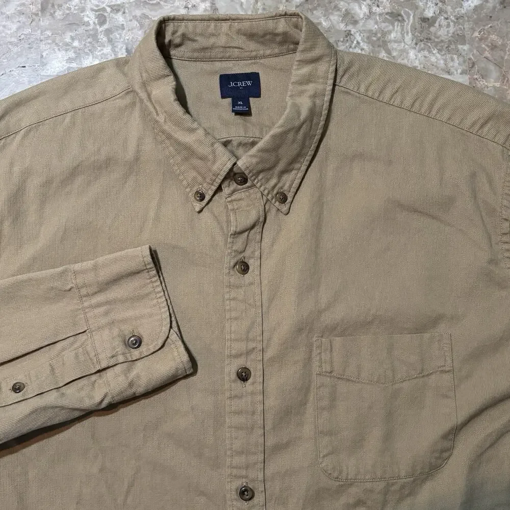 J Crew Shirt Mens XL Khaki Brown Pinwale Corduroy Long Sleeve Button Preppy
